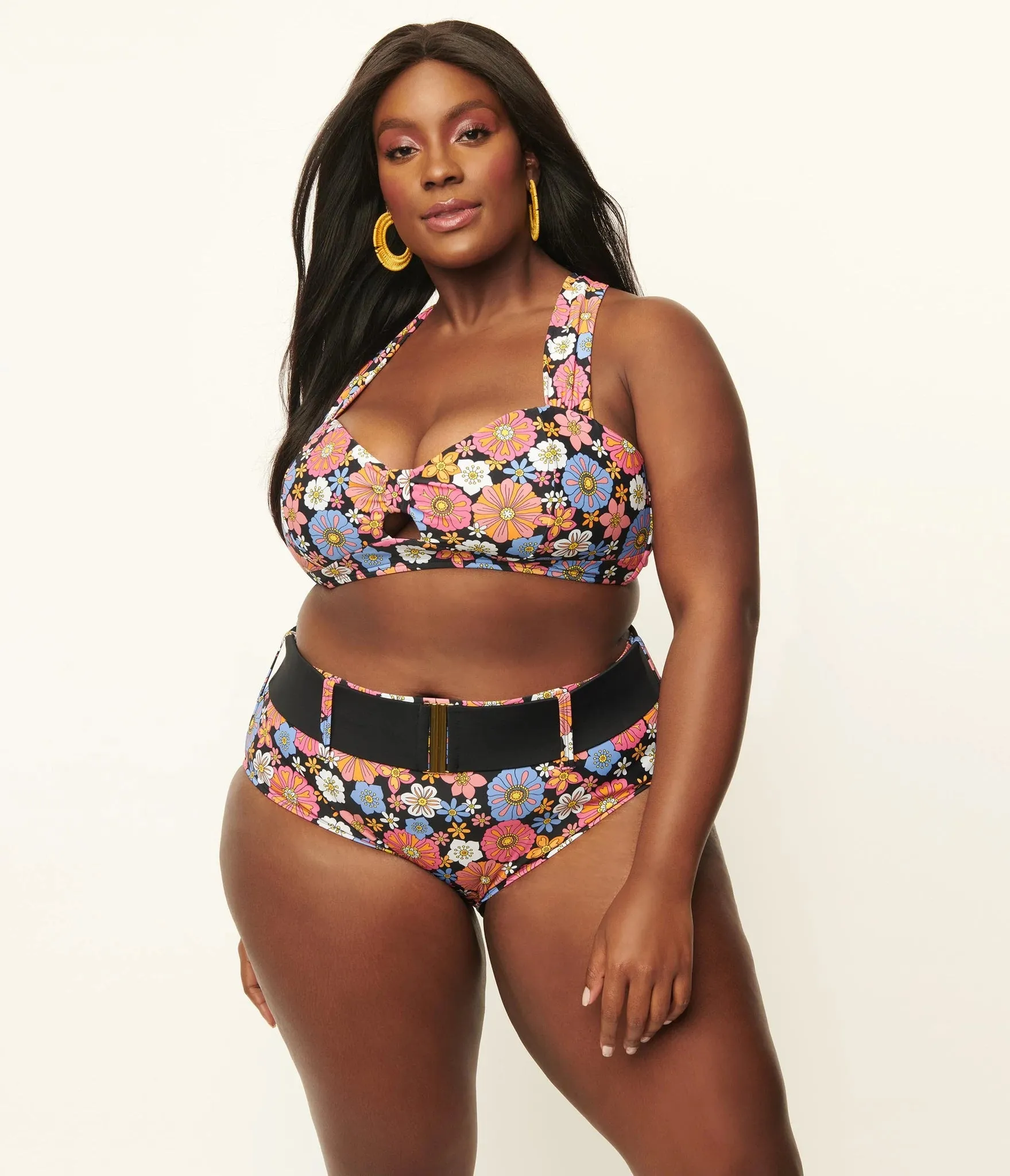 Unique Vintage Retro Floral Swim Top Black/Purple