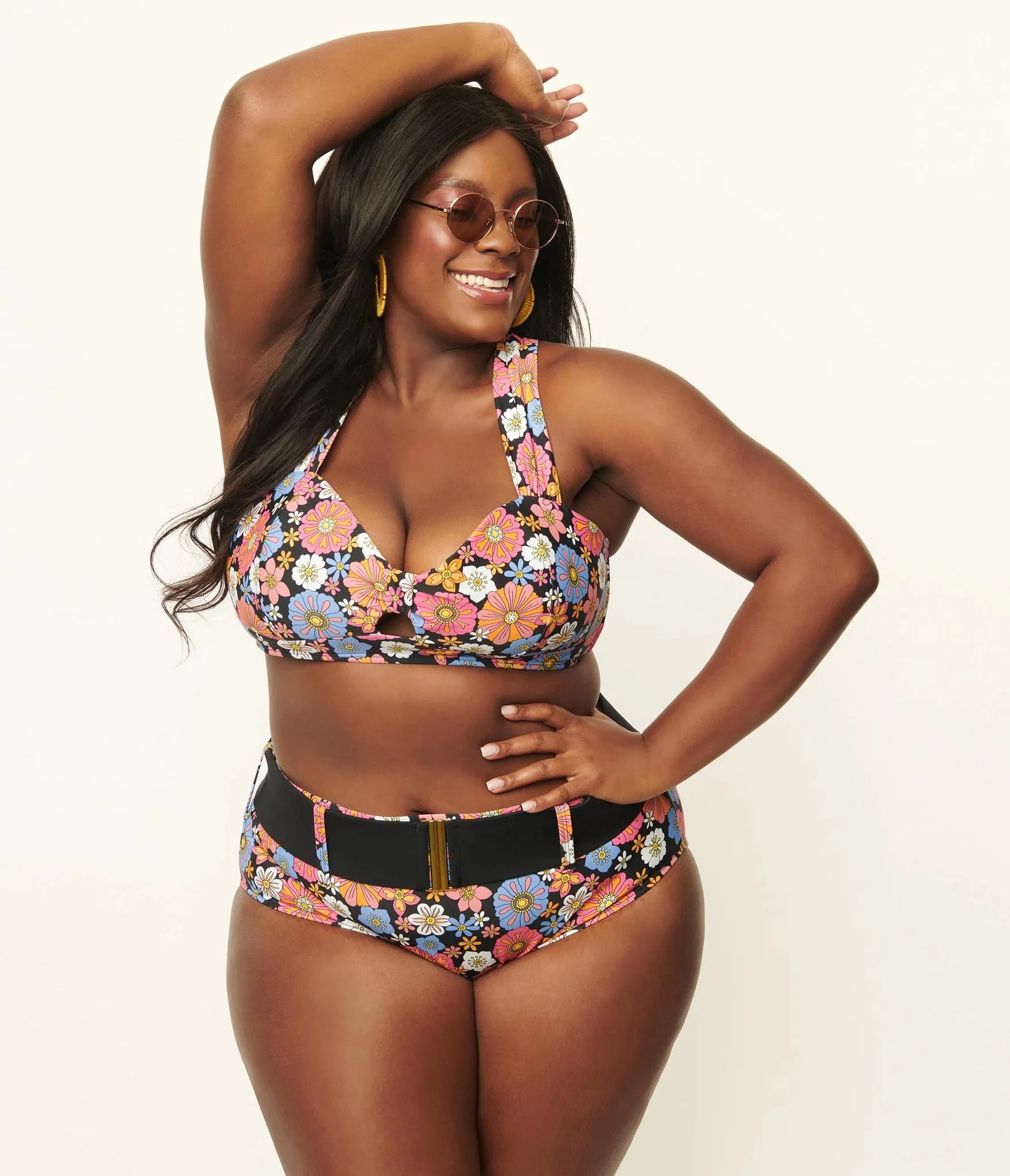 Unique Vintage Retro Floral Swim Top Black/Purple