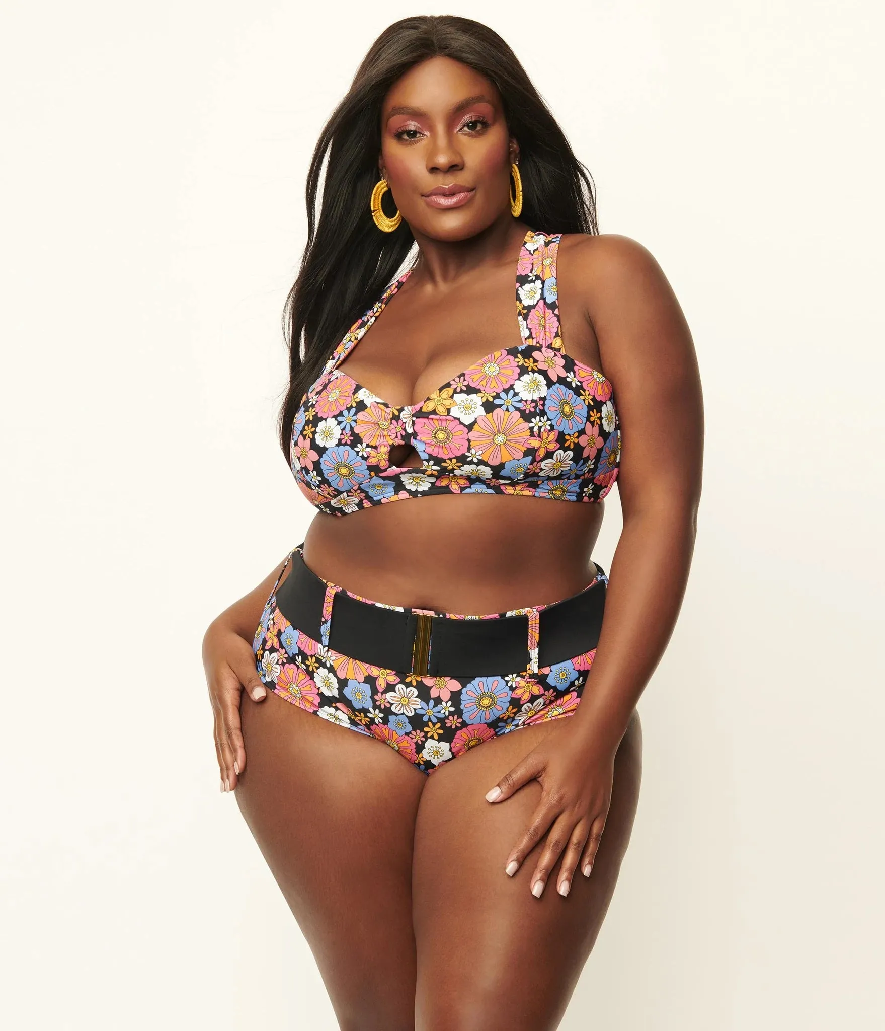 Unique Vintage Retro Floral Swim Top Black/Purple
