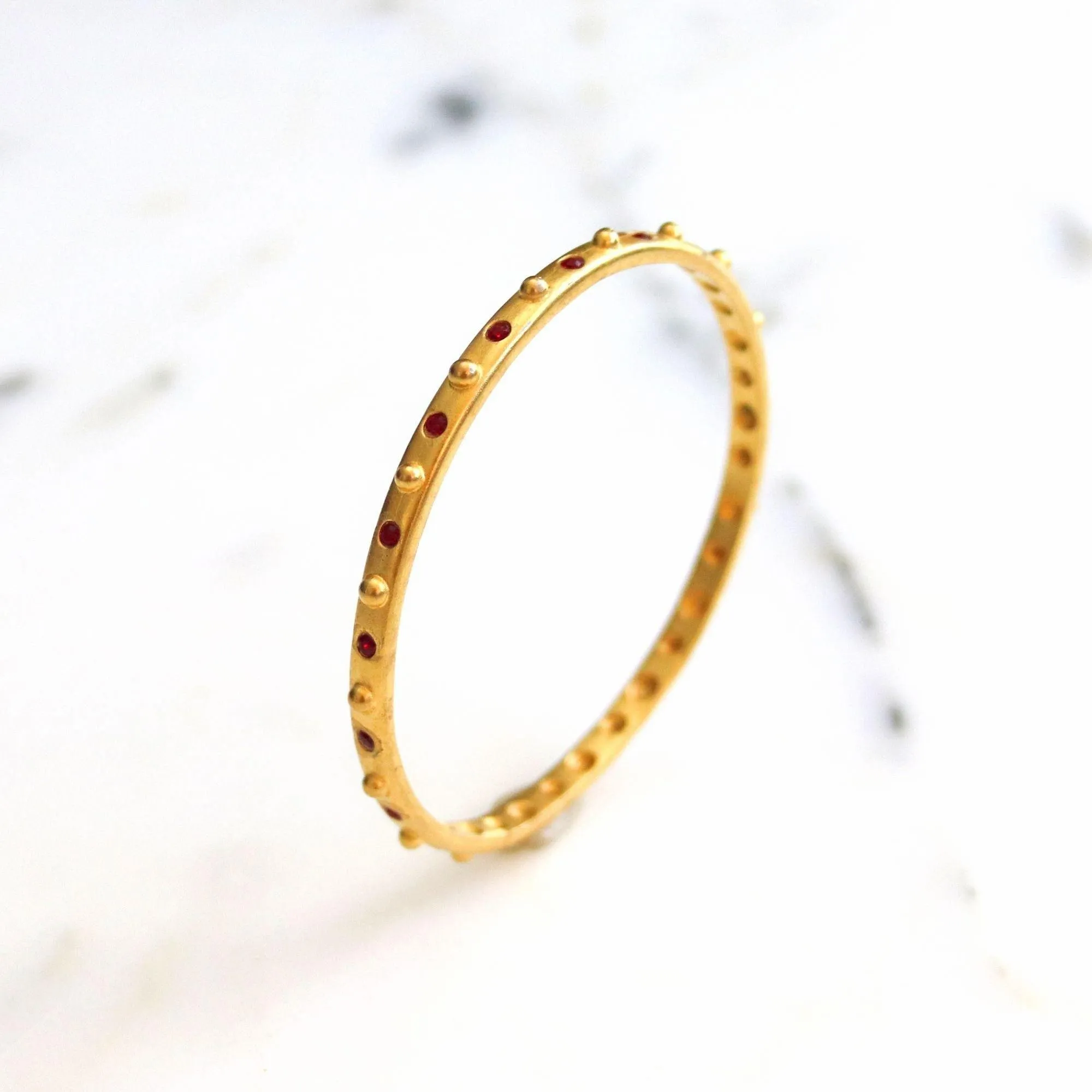 Vintage Brushed Gold Bead and Ruby Crystal Bangle Bracelet