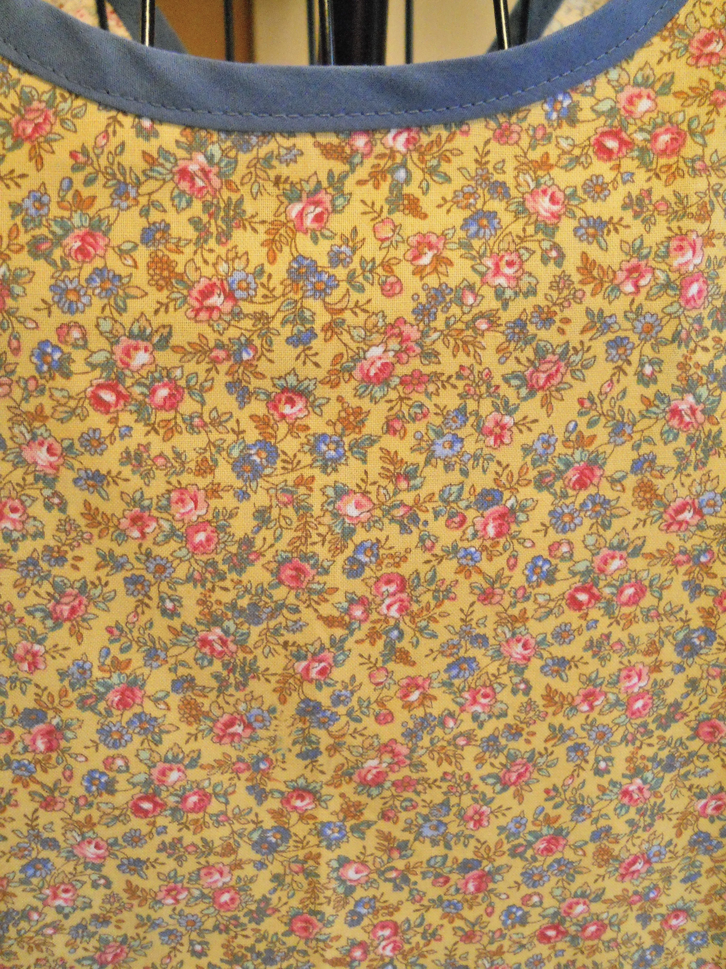 Vintage Style No Tie Crossover Apron in Yellow and Blue Floral Calico in XL