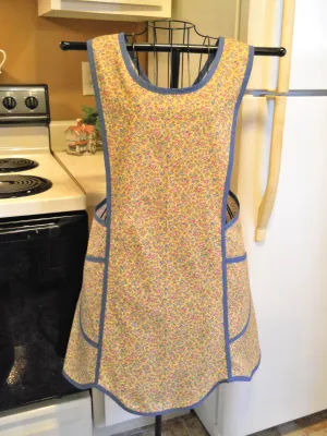 Vintage Style No Tie Crossover Apron in Yellow and Blue Floral Calico in XL