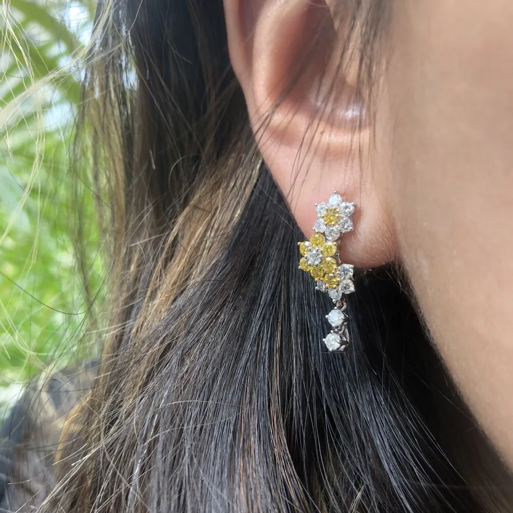 Vivid Yellow & White Diamond Sunflower Cluster Earrings