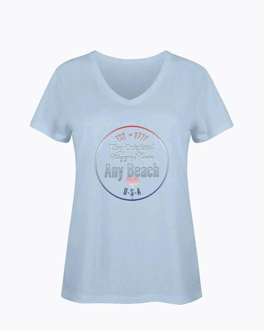 Women's SoftSpun Cotton V-Neck Tshirt Any Beach Is Happy Place USA