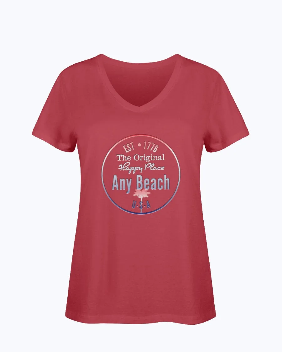 Women's SoftSpun Cotton V-Neck Tshirt Any Beach Is Happy Place USA