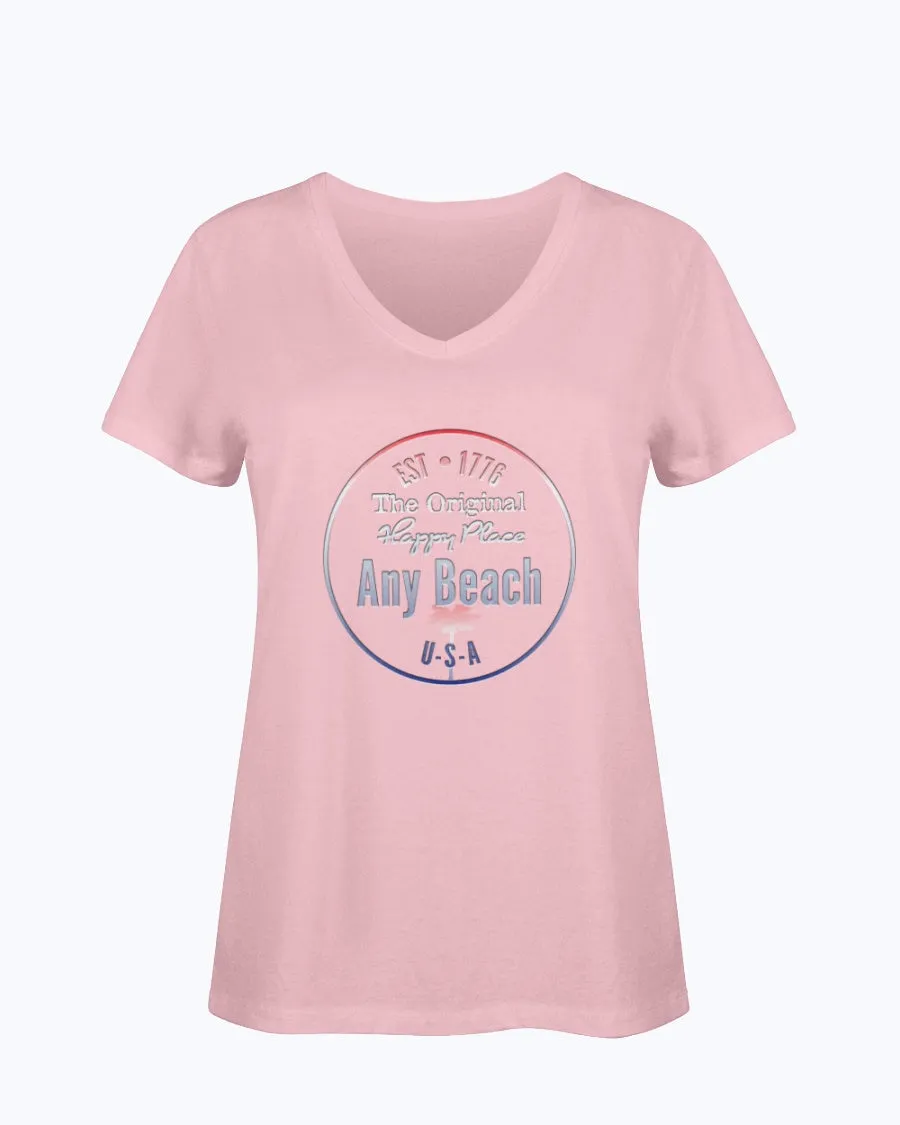 Women's SoftSpun Cotton V-Neck Tshirt Any Beach Is Happy Place USA