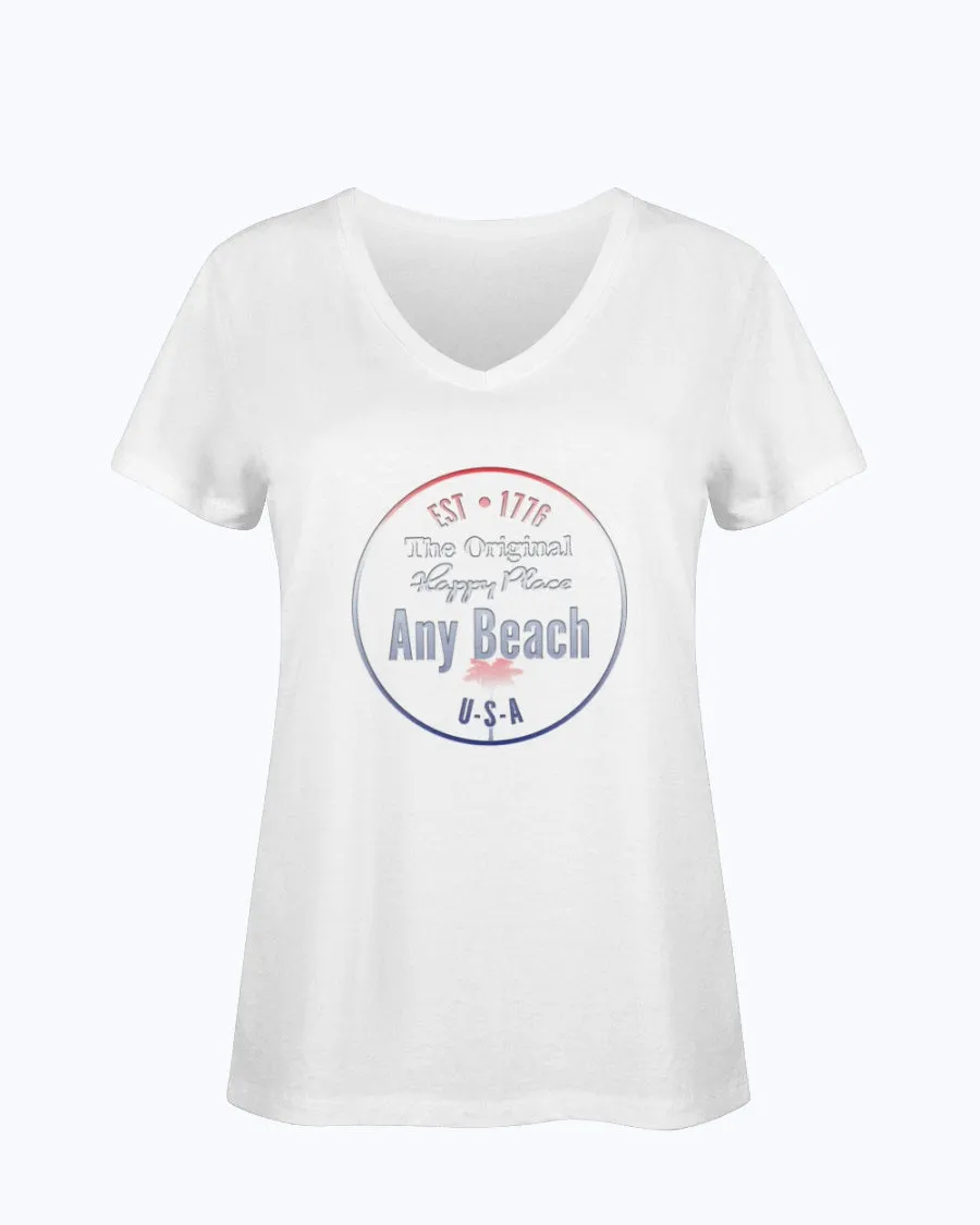 Women's SoftSpun Cotton V-Neck Tshirt Any Beach Is Happy Place USA