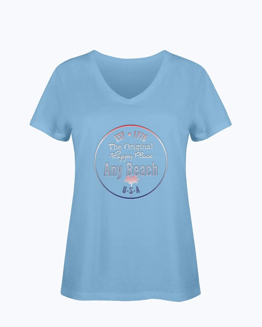 Women's SoftSpun Cotton V-Neck Tshirt Any Beach Is Happy Place USA