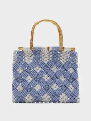 Women's Summer Braided Open-top Basket Handbag Rattan Weave Crochet Bucket Bag Bamboo Handle